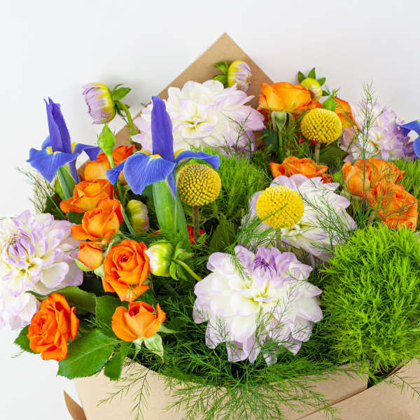 Bouquet of orange roses, white dahlias, and blue irises in kraft paper