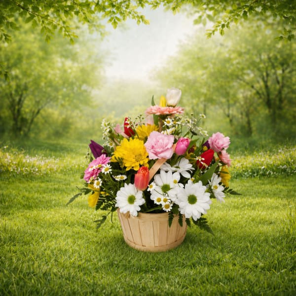 Mixed bouquet in a wooden basket with daisies and tulips