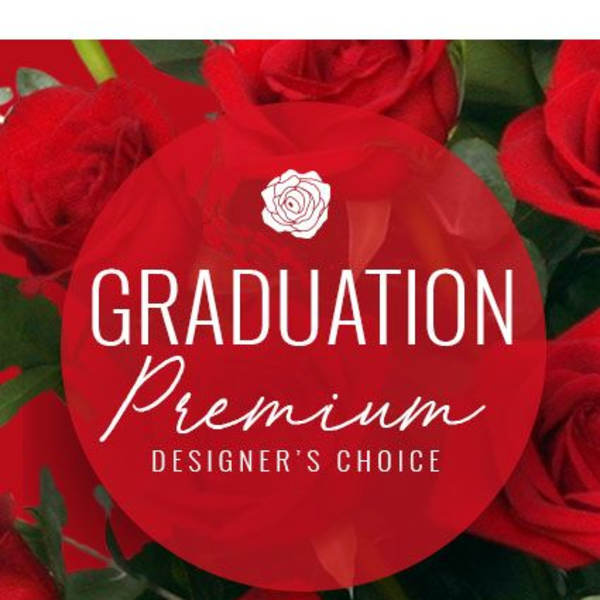 Red roses with a graduation label over the center