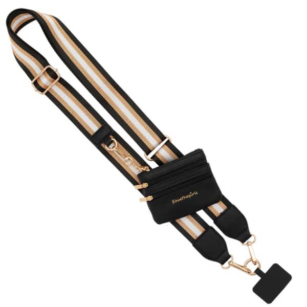 Striped crossbody strap with a small black pouch and clip