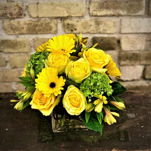 Yellow roses and gerbera daisies in a square glass vase