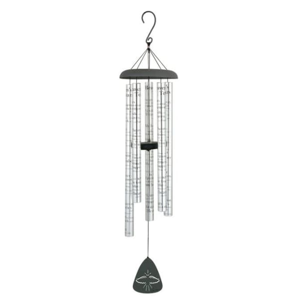 Hanging wind chime with clear tubes and a dark top and striker