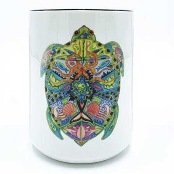 White candle jar with a colorful turtle design