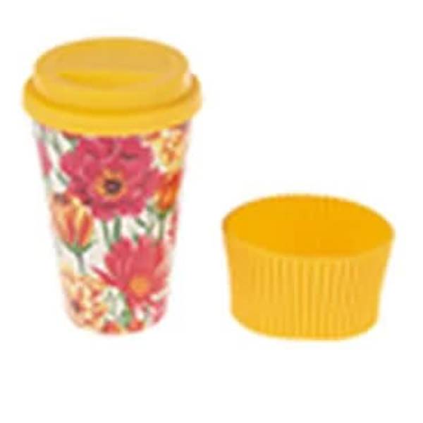 Floral-patterned travel cup with a yellow lid and matching yellow cap