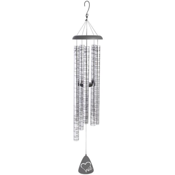 Hanging metal wind chime with printed silver tubes and a heart-shaped clapper