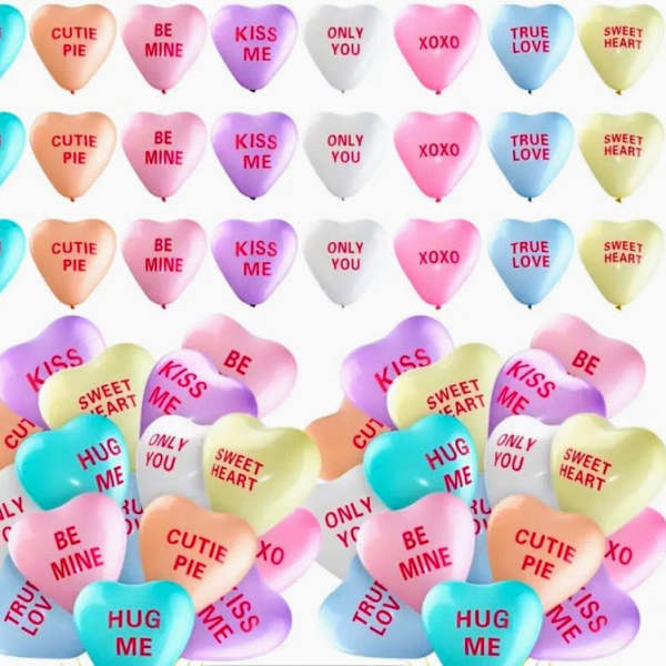 Heart-shaped balloons with Valentine messages in pastel colors