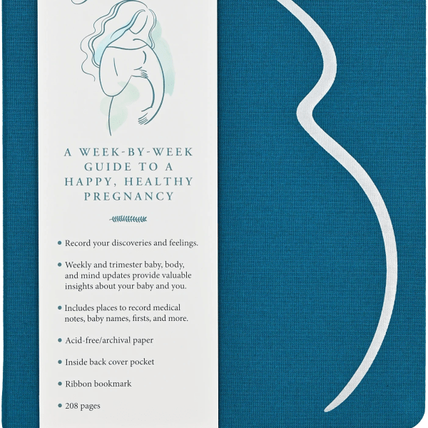 Pregnancy journal with a teal cover and white ribbon bookmark
