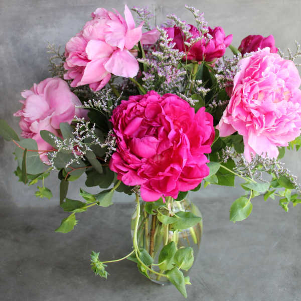 Pink peonies arranged in a clear glass vase with airy filler flowers