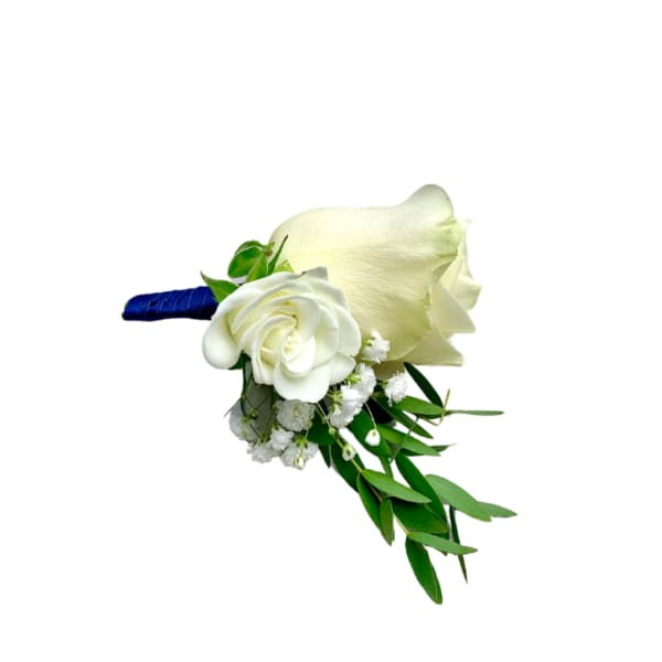 White rose boutonniere with baby's breath and greenery