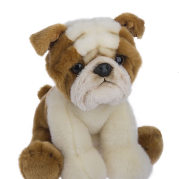Plush bulldog stuffed animal with brown and white fur