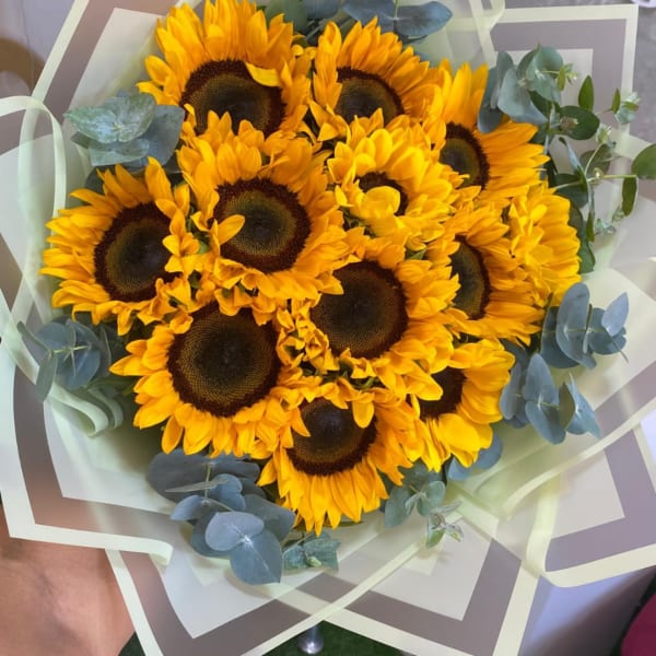 Bouquet of sunflowers wrapped in layered paper with eucalyptus
