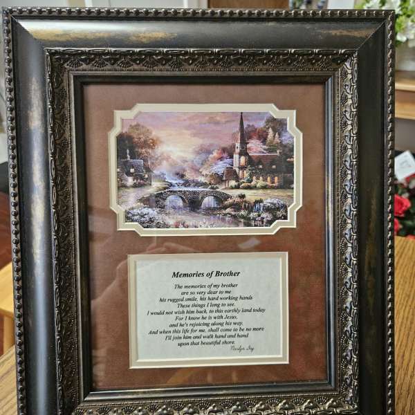 Framed memorial print with a landscape scene and poem for a brother