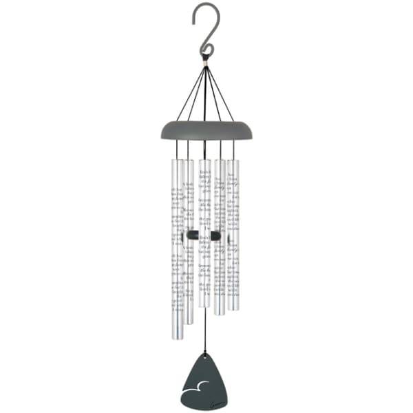 Hanging metal wind chime with clear tubes and a dark clapper