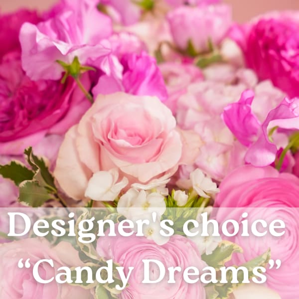Pink and white flowers in a close-up bouquet with text overlay