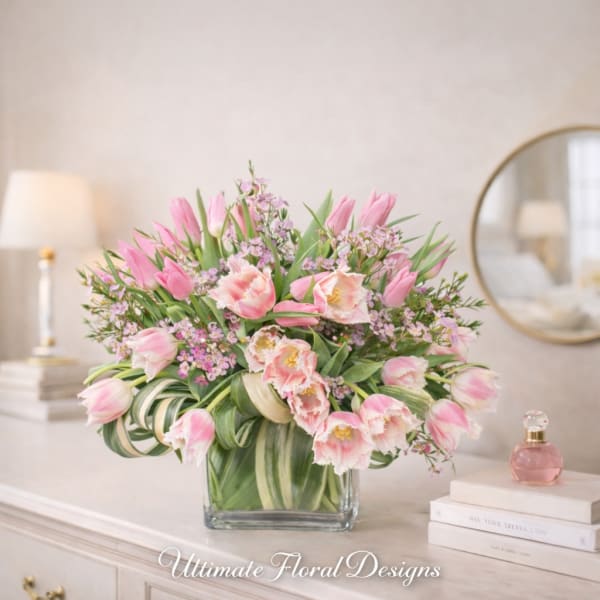 Pink tulips and ruffled blooms arranged in a glass vase
