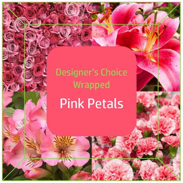 Pink floral collage with roses, lilies, and carnations around a center label