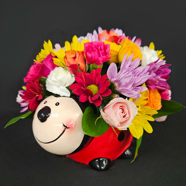 Playful mixed flower arrangement in a red ceramic ladybug container