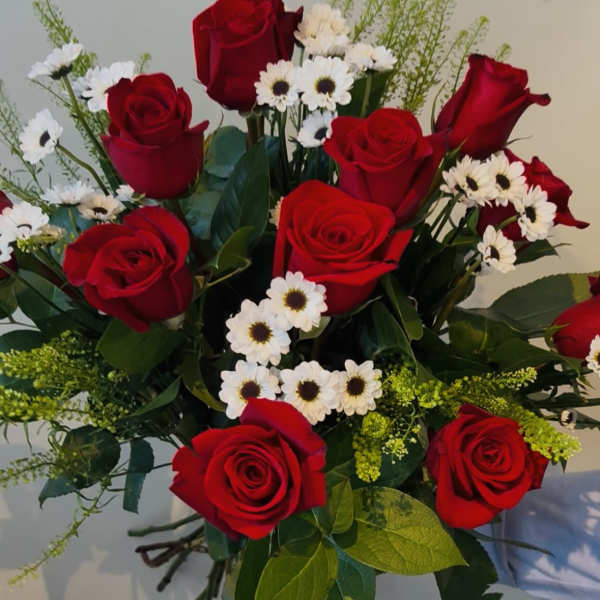 Bouquet of red roses mixed with small white daisies against a neutral background