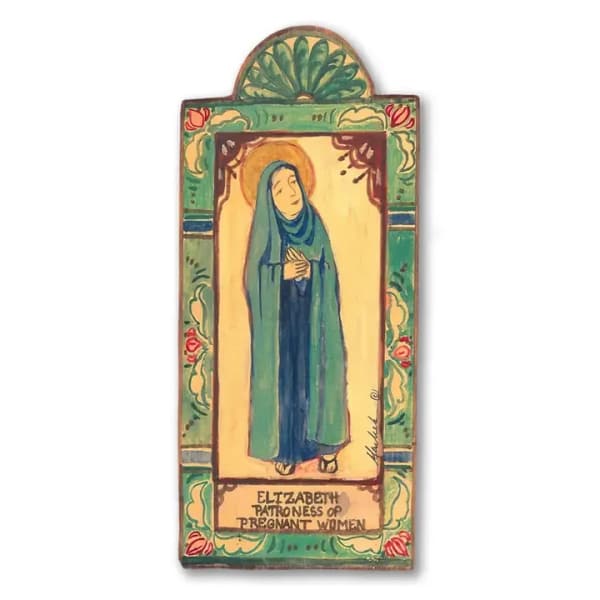 Decorative wall plaque with stylized figure of Elizabeth framed by a teal floral border