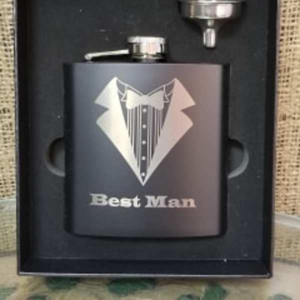Black flask gift set with funnel and shot cup in a box