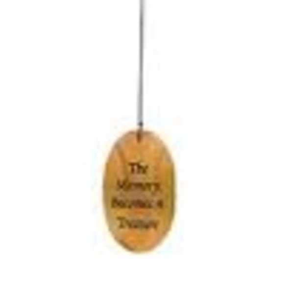 Metal wind chime with a wooden top and hanging oval tag