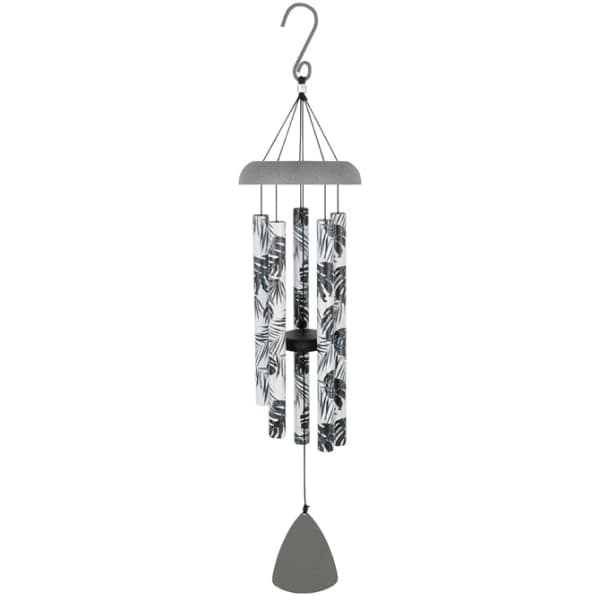 Hanging metal wind chime with leaf-patterned tubes