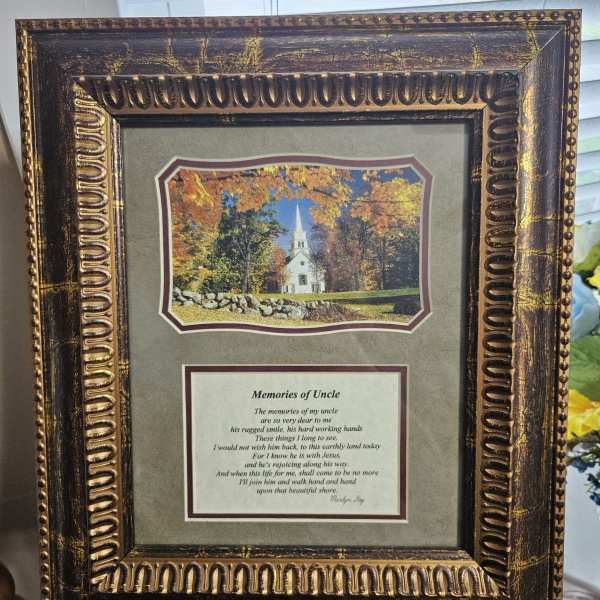 Framed memorial plaque with a church scene and poem for Uncle