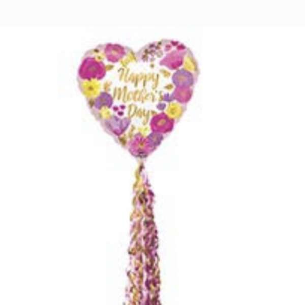 Heart-shaped Mother's Day balloon with floral print and a long tassel tail