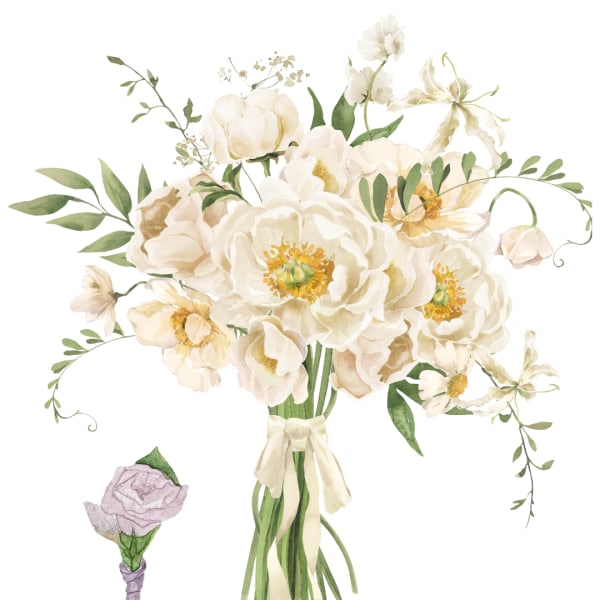 Watercolor bouquet of cream flowers with a small lavender boutonniere