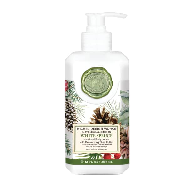 White pump bottle of hand and body lotion with a winter botanical label