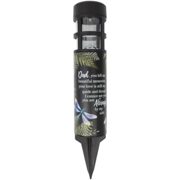Black memorial solar garden light with a printed sympathy message