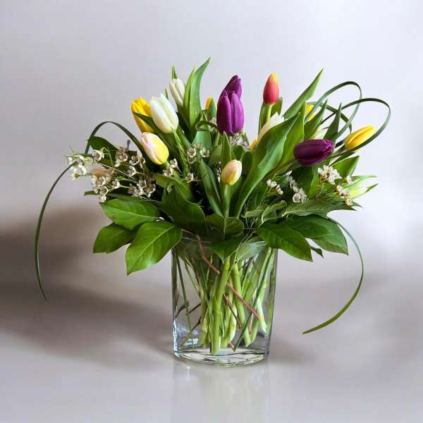 Mixed tulip bouquet in a clear glass vase with white filler flowers