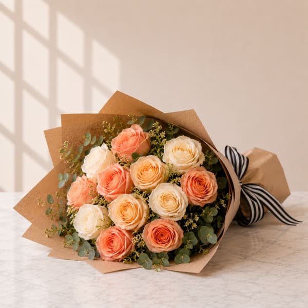 Peaches and Cream – Peach & Ivory Rose Bouquet (Same-Day Flower Delivery Los Angeles)