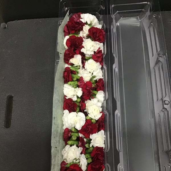 Long box of red and white carnations