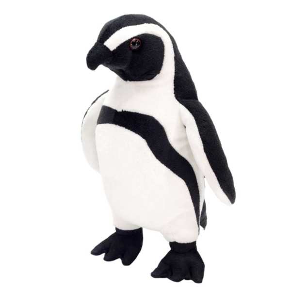 Black-and-white plush penguin standing on a white background
