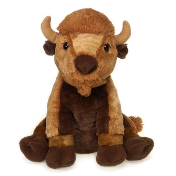 Plush bison stuffed animal sitting on a white background