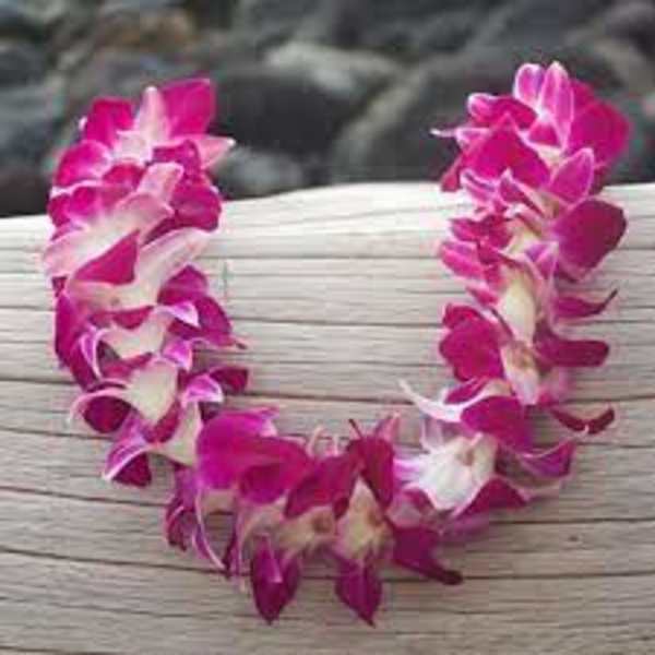 Two purple orchid leis on a wooden surface