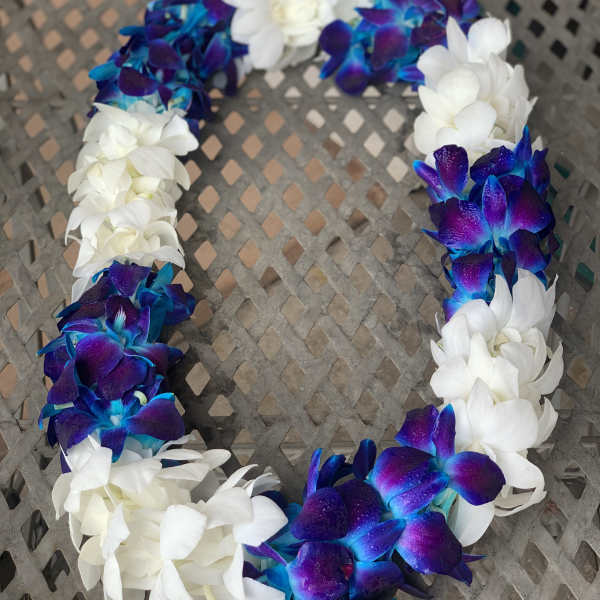 A floral lei made of white and blue-purple orchid blossoms