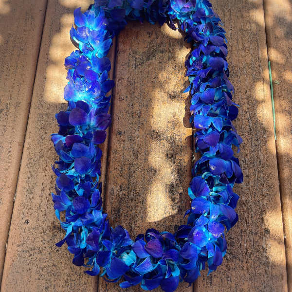 Blue hydrangea flower lei laid on a wooden surface