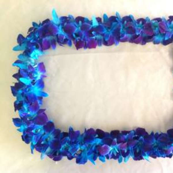 Blue and purple flower lei arranged in a rectangular frame