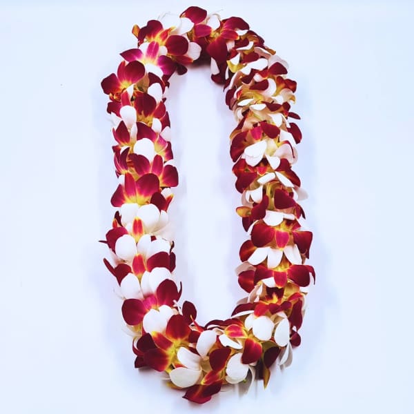 Burgundy & White Double Orchid Lei