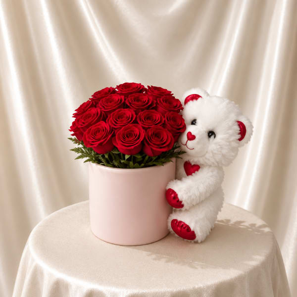 Rose Hat Box with Teddy Bear