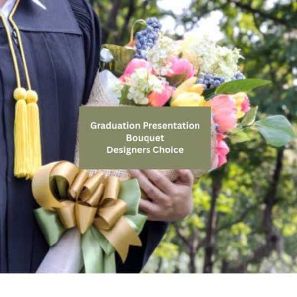 Person holding a graduation bouquet with pink and yellow flowers