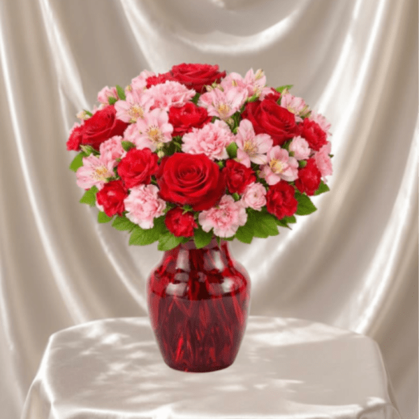 Red roses and pink carnations in a red glass vase