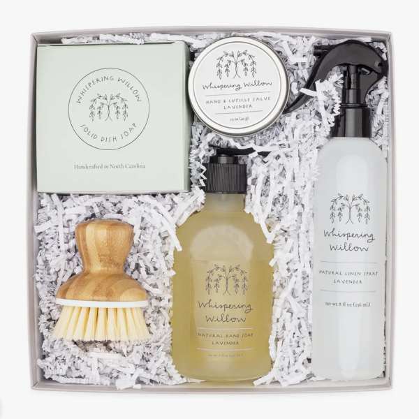 Lavender hand care gift set in a box with soap, salve, spray, soap bottle, and brush