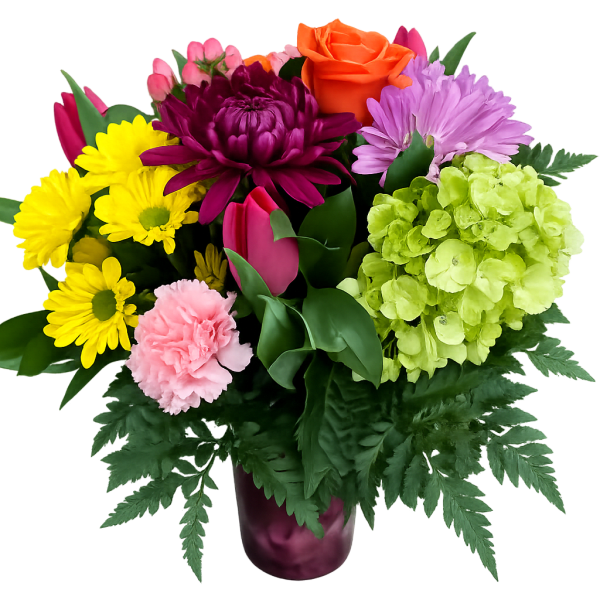 Colorful bouquet in a purple vase with roses, tulips, hydrangea, and daisies
