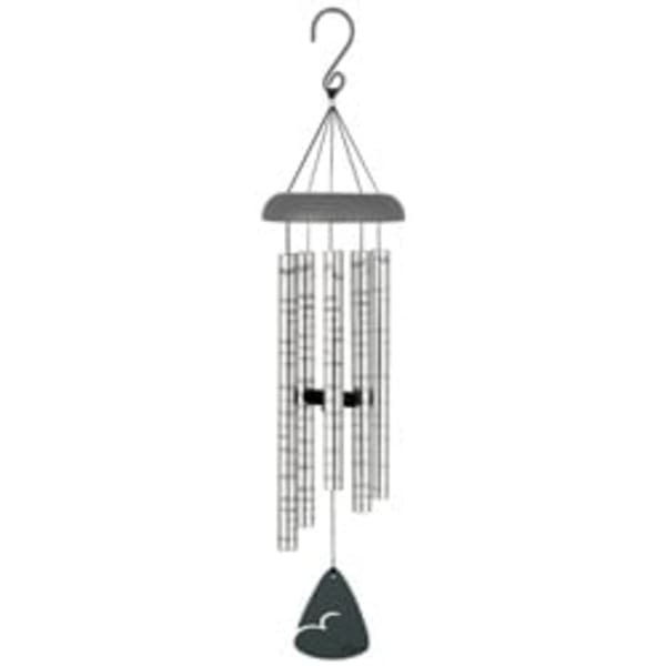 Hanging metal wind chime with a dark clapper and tubes