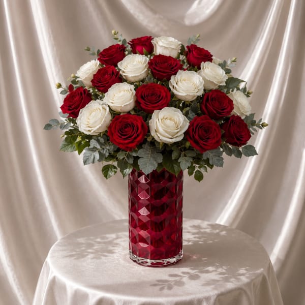 Timeless Romance Red & White Rose Arrangement