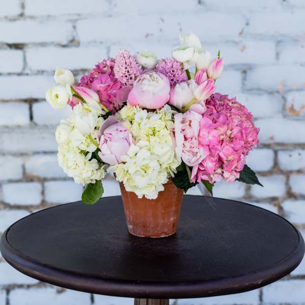 Pink and white flowers arranged in a terracotta pot