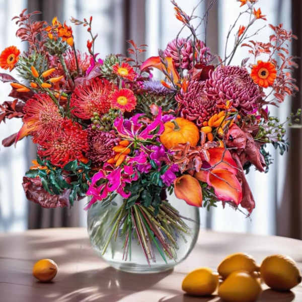 Colorful bouquet of orange, pink, and purple flowers in a glass vase